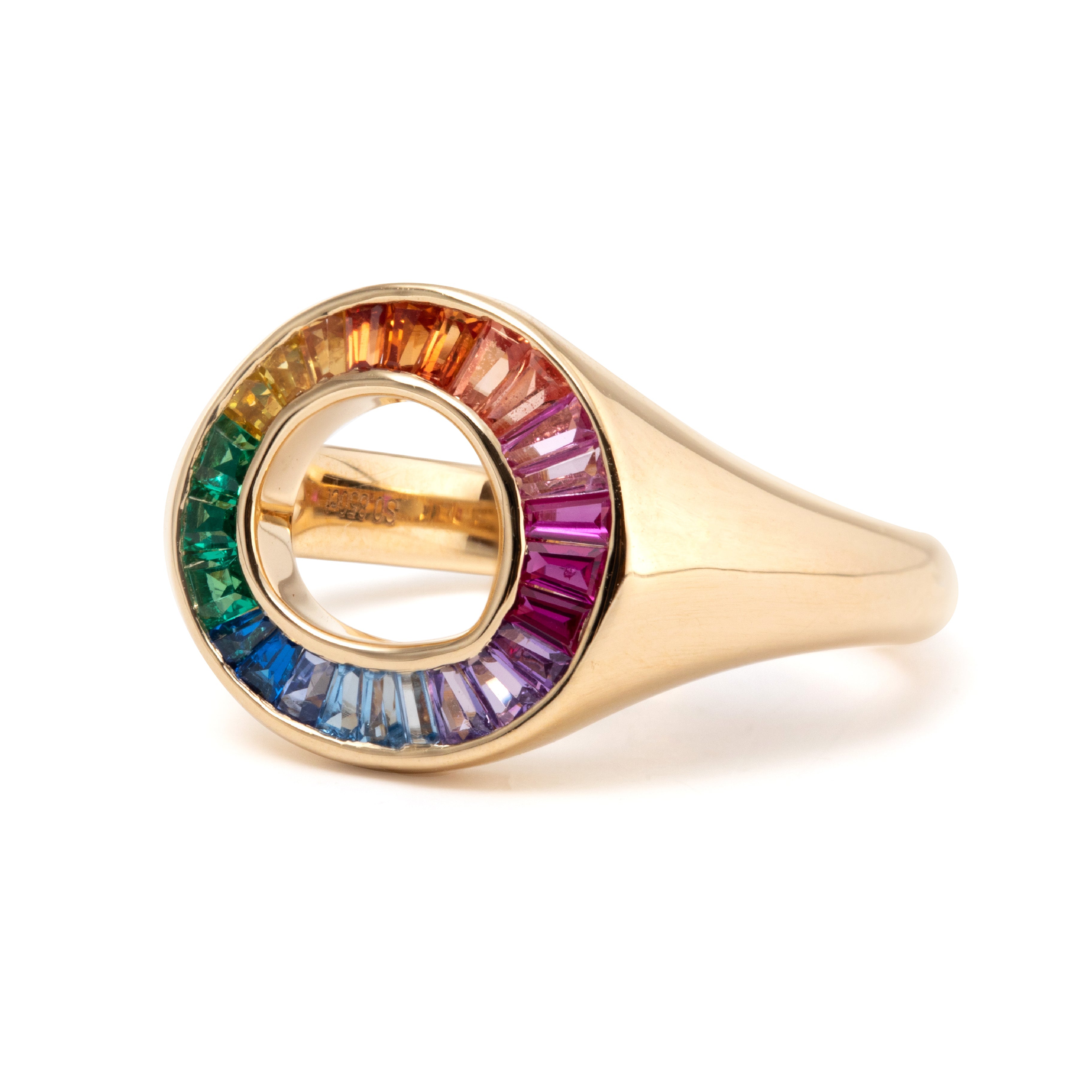 14K Yellow Gold Baguette Cut Rainbow Color Lab Sapphire Channel Setting Sphere Ring 14K Yellow Gold Baguette Cut Rainbow Color Lab Sapphire Channel Setting Sphere Ring