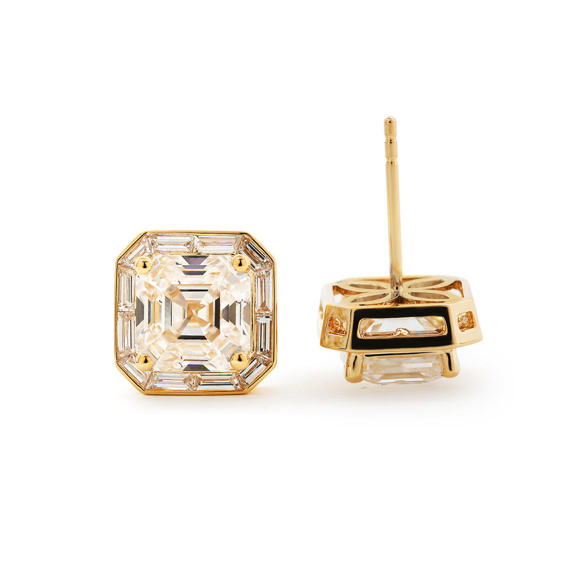 14K Yellow Gold 5 ct tw Asshcer Cut Lab Diamond Halo Stud Earrings 14K Yellow Gold 5 ct tw Asshcer Cut Lab Diamond Halo Stud Earrings
