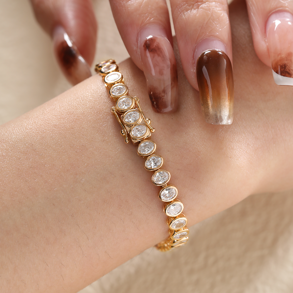 18K Yellow Gold Oval Cut Lab Diamond Bezel Tennis Bracelet 18K Yellow Gold Oval Cut Lab Diamond Bezel Tennis Bracelet