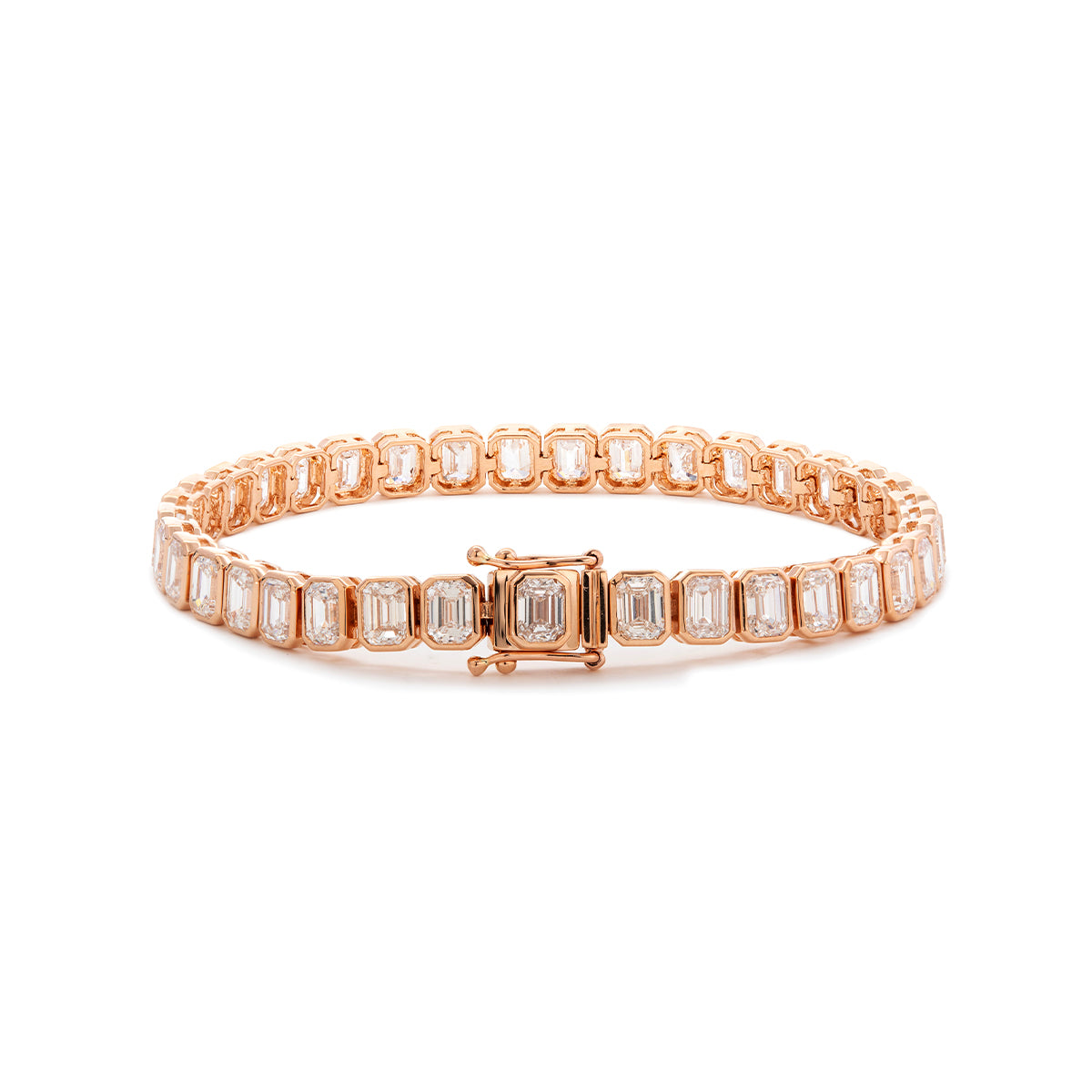 18K Rose Gold Emerald Cut Lab Diamond Bezel Tennis Bracelet 18K Rose Gold Emerald Cut Lab Diamond Bezel Tennis Bracelet