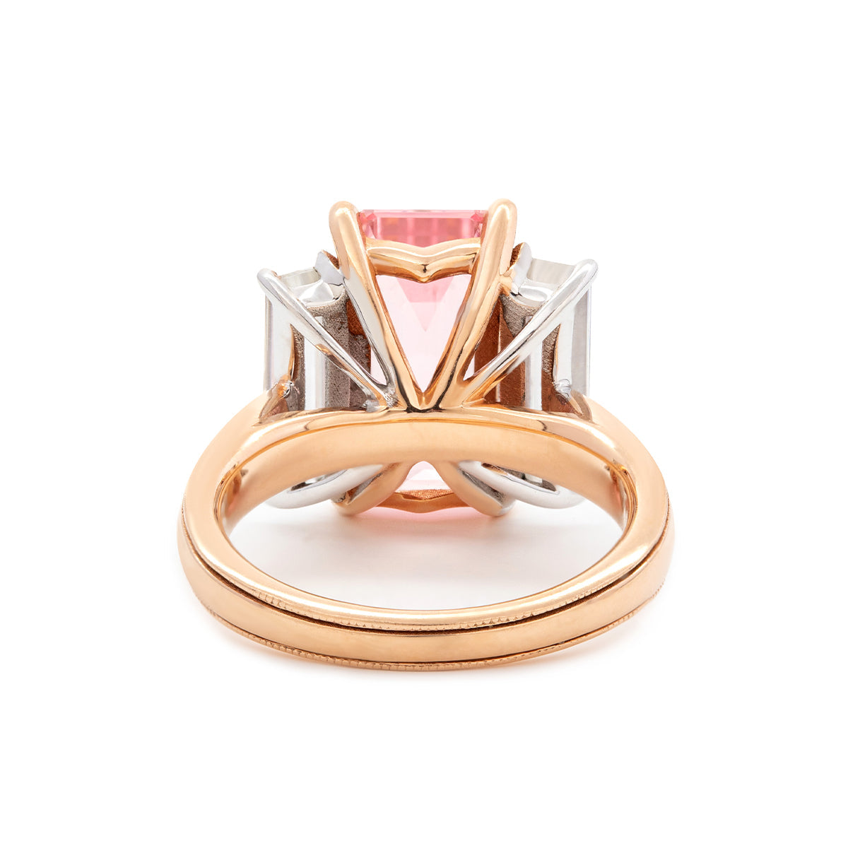 14K Rose and White Gold 13*6.5mm Emerald Cut Lab Pink Sapphire and Two Baguette Cut Lab Diamond Three Stone Cocktail Ring with Tapered Band 14K Rose and White Gold 13*6.5mm Emerald Cut Lab Pink Sapphire and Two Baguette Cut Lab Diamond Three Stone Cocktail Ring with Tapered Band