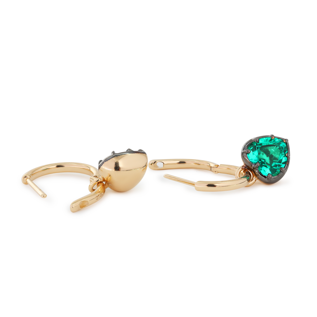 14K Yellow Gold Heart Cut Colombian Lab Emerald Bezel Setting Hoop Earrings with Black Rhodium Plated 14K Yellow Gold Heart Cut Colombian Lab Emerald Bezel Setting Hoop Earrings with Black Rhodium Plated