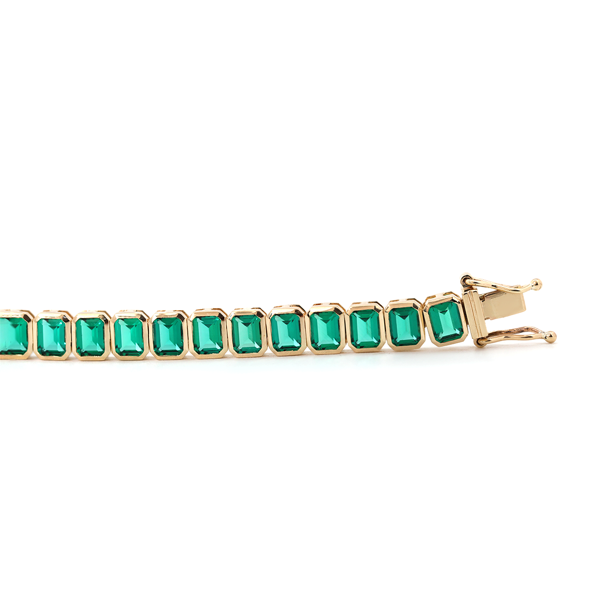 14K Yellow Gold Emerald Cut Lab Zambian Emerald Bezel Tennis Bracelet 14K Yellow Gold Emerald Cut Lab Zambian Emerald Bezel Tennis Bracelet
