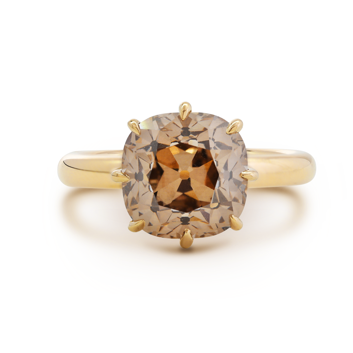 14K Yellow Gold 4.5ct Old Mine Cut Brown Lab Diamond 8 Claw Prongs Crown Setting Solitaire Ring 14K Yellow Gold 4.5ct Old Mine Cut Brown Lab Diamond 8 Claw Prongs Crown Setting Solitaire Ring