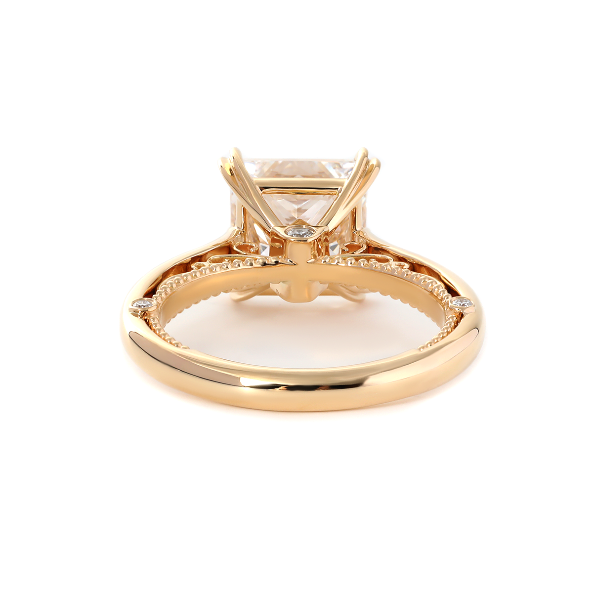 18K Yellow Gold 4ct Princess Cut Lab Diamond Double Claw Prongs Vintage Millegrain Ring – Art Nouveau Nature-Inspired Design 18K Yellow Gold 4ct Princess Cut Lab Diamond Double Claw Prongs Vintage Millegrain Ring – Art Nouveau Nature-Inspired Design
