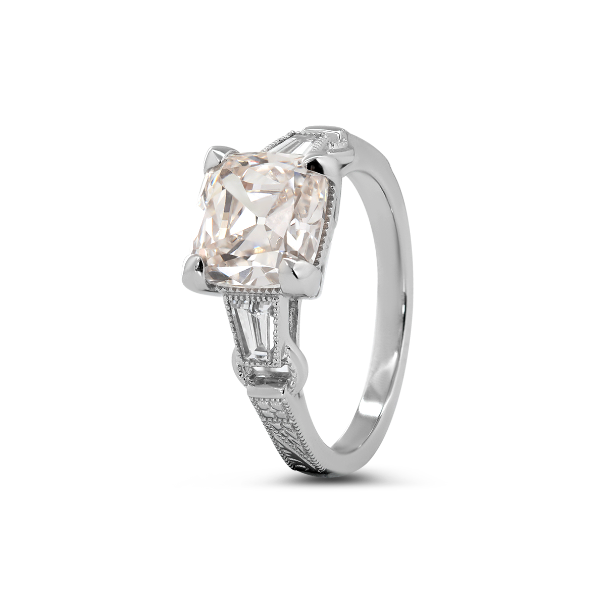14K White Gold 3ct Old Mine Cut Lab Diamond Art Deco Style Vintage Engraved Three-stone Ring with Tapered Baguette Cut Side Stones 14K White Gold 3ct Old Mine Cut Lab Diamond Art Deco Style Vintage Engraved Three-stone Ring with Tapered Baguette Cut Side Stones