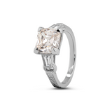 14K White Gold 3ct Old Mine Cut Lab Diamond Art Deco Style Vintage Engraved Three-stone Ring with Tapered Baguette Cut Side Stones 14K White Gold 3ct Old Mine Cut Lab Diamond Art Deco Style Vintage Engraved Three-stone Ring with Tapered Baguette Cut Side Stones
