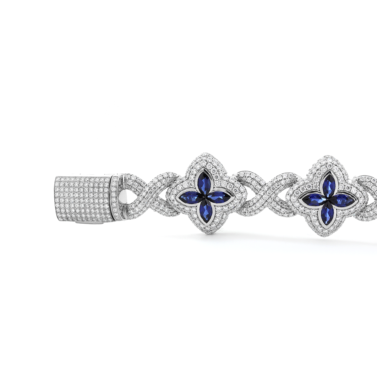 14K White Gold Round Lab Diamond Bracelet with Pear Lab Sapphire – Art Nouveau Nature-Inspired  Eternal Fleur Blue Design 14K White Gold Round Lab Diamond Bracelet with Pear Lab Sapphire – Art Nouveau Nature-Inspired  Eternal Fleur Blue Design