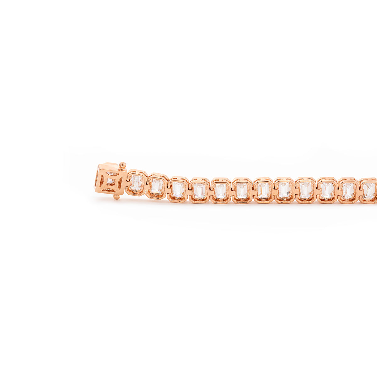 18K Rose Gold Emerald Cut Lab Diamond Bezel Tennis Bracelet 18K Rose Gold Emerald Cut Lab Diamond Bezel Tennis Bracelet