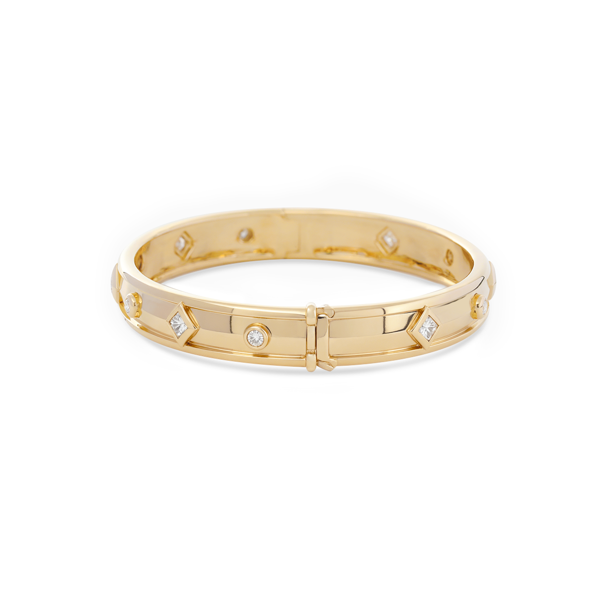 18K Yellow Gold Round Cut and Princess Cut Lab Diamond Bezel Bangle Bracelet 18K Yellow Gold Round Cut and Princess Cut Lab Diamond Bezel Bangle Bracelet