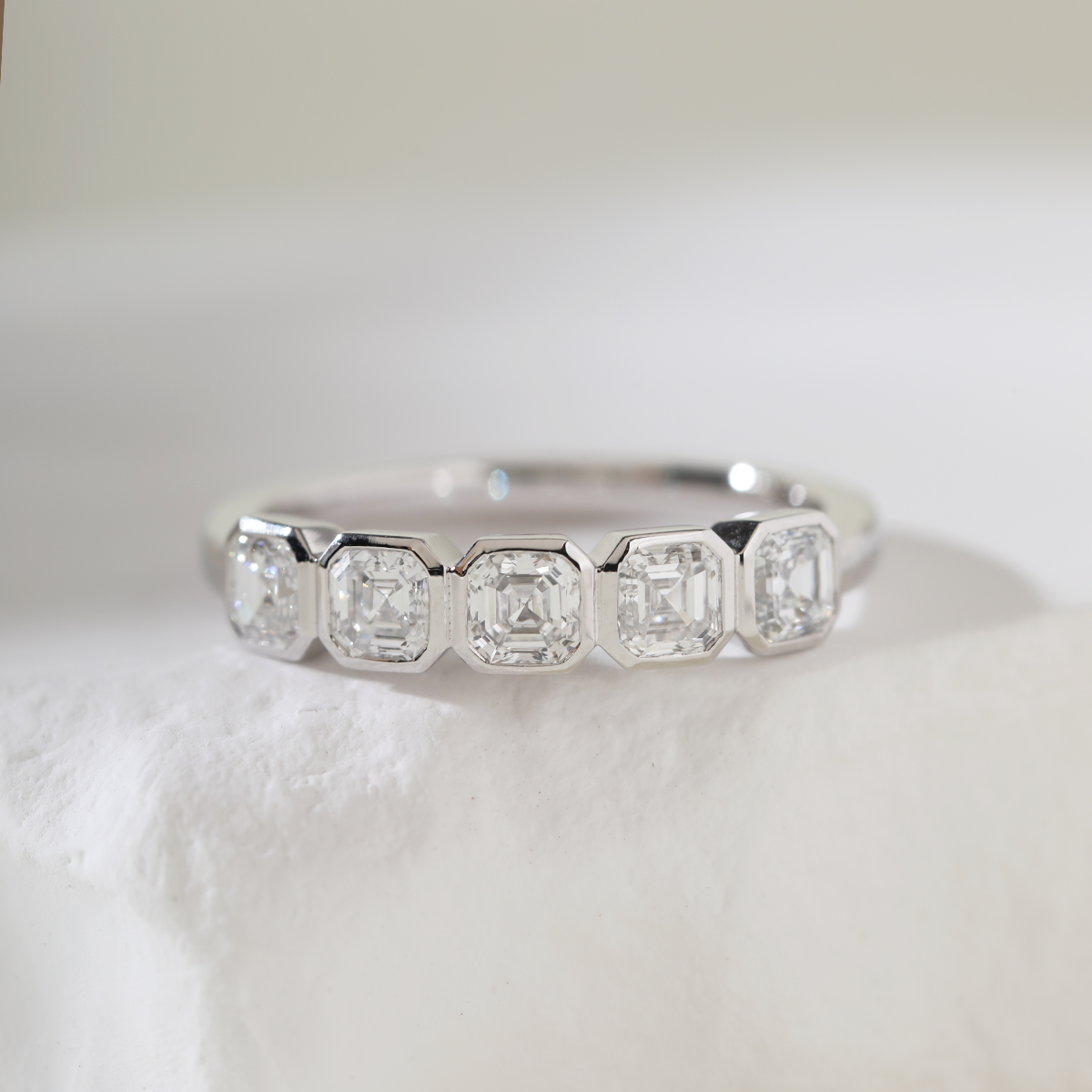 14K White Gold Asscher Cut Lab Diamond 5 Stone Bezel Half Eternity Ring 14K White Gold Asscher Cut Lab Diamond 5 Stone Bezel Half Eternity Ring