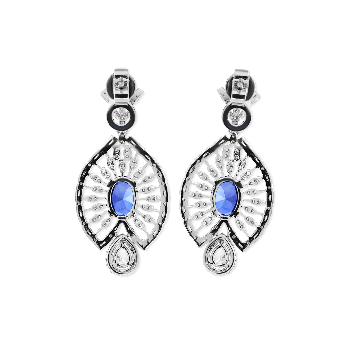 18K White Gold 7*5mm Oval Royal Blue Lab Sapphire and Lab Diamond Victorian Peacock Plume Chandelier Earrings 18K White Gold 7*5mm Oval Royal Blue Lab Sapphire and Lab Diamond Victorian Peacock Plume Chandelier Earrings
