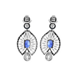 18K White Gold 7*5mm Oval Royal Blue Lab Sapphire and Lab Diamond Victorian Peacock Plume Chandelier Earrings 18K White Gold 7*5mm Oval Royal Blue Lab Sapphire and Lab Diamond Victorian Peacock Plume Chandelier Earrings