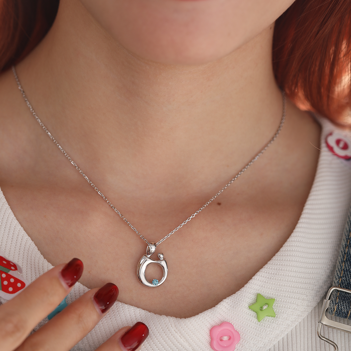 14K White Gold Mother and Child Pendant Necklace with Blue Round Lab Diamond 14K White Gold Mother and Child Pendant Necklace with Blue Round Lab Diamond