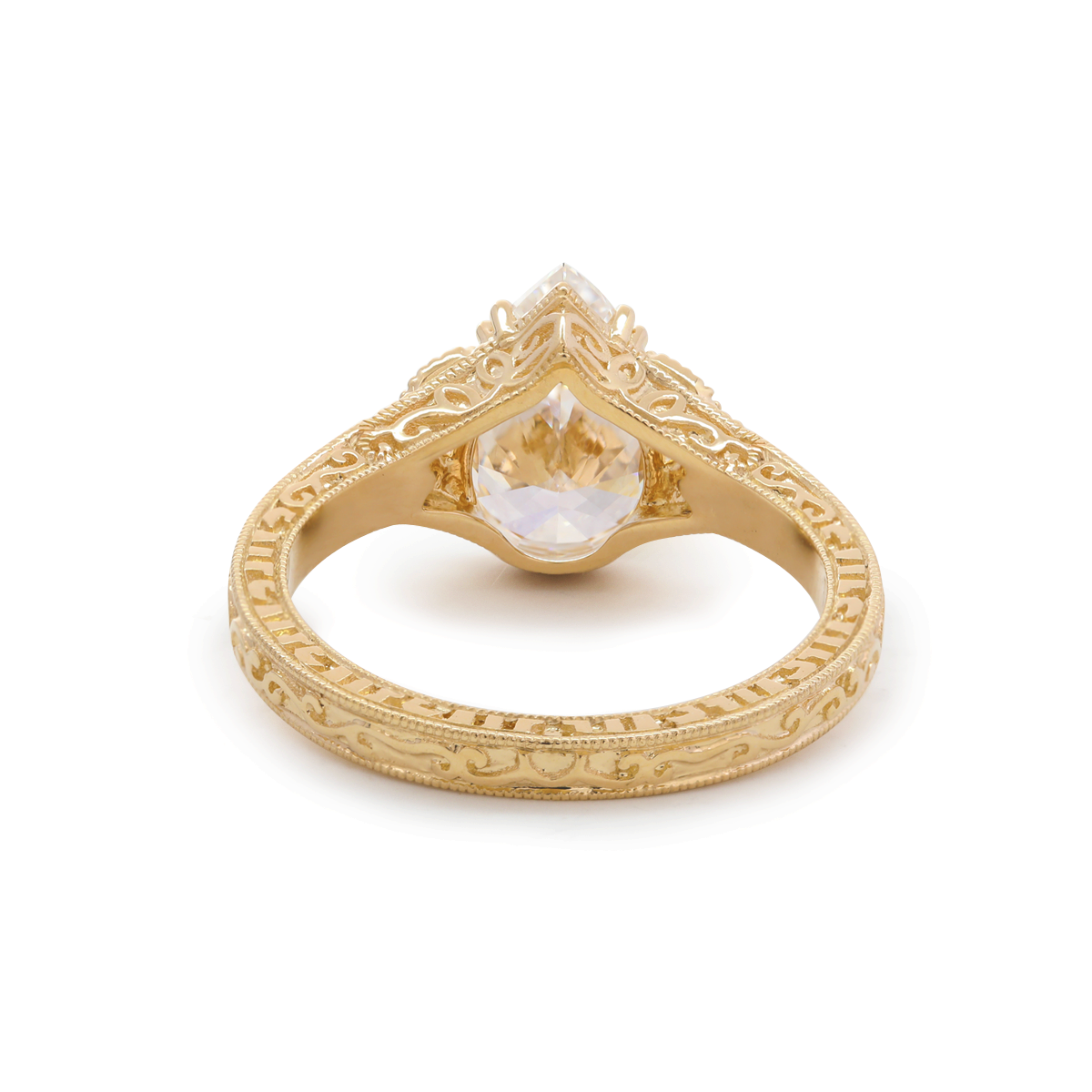 14K Yellow Gold 2.5ct Pear Lab Diamond with Round Lab Diamond and Lab Sapphire Side-stone Millegrain Floral Engraving Ring-Art Nouveau Nature-Inspired 14K Yellow Gold 2.5ct Pear Lab Diamond with Round Lab Diamond and Lab Sapphire Side-stone Millegrain Floral Engraving Ring-Art Nouveau Nature-Inspired