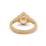 14K Yellow Gold 2.5ct Pear Lab Diamond with Round Lab Diamond and Lab Sapphire Side-stone Millegrain Floral Engraving Ring-Art Nouveau Nature-Inspired 14K Yellow Gold 2.5ct Pear Lab Diamond with Round Lab Diamond and Lab Sapphire Side-stone Millegrain Floral Engraving Ring-Art Nouveau Nature-Inspired