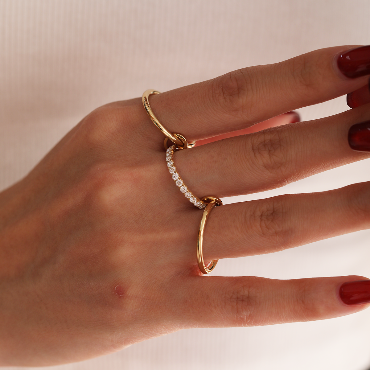 18K Yellow Gold Triple Link Stacking Ring with Round Lab Diamond Pave 18K Yellow Gold Triple Link Stacking Ring with Round Lab Diamond Pave