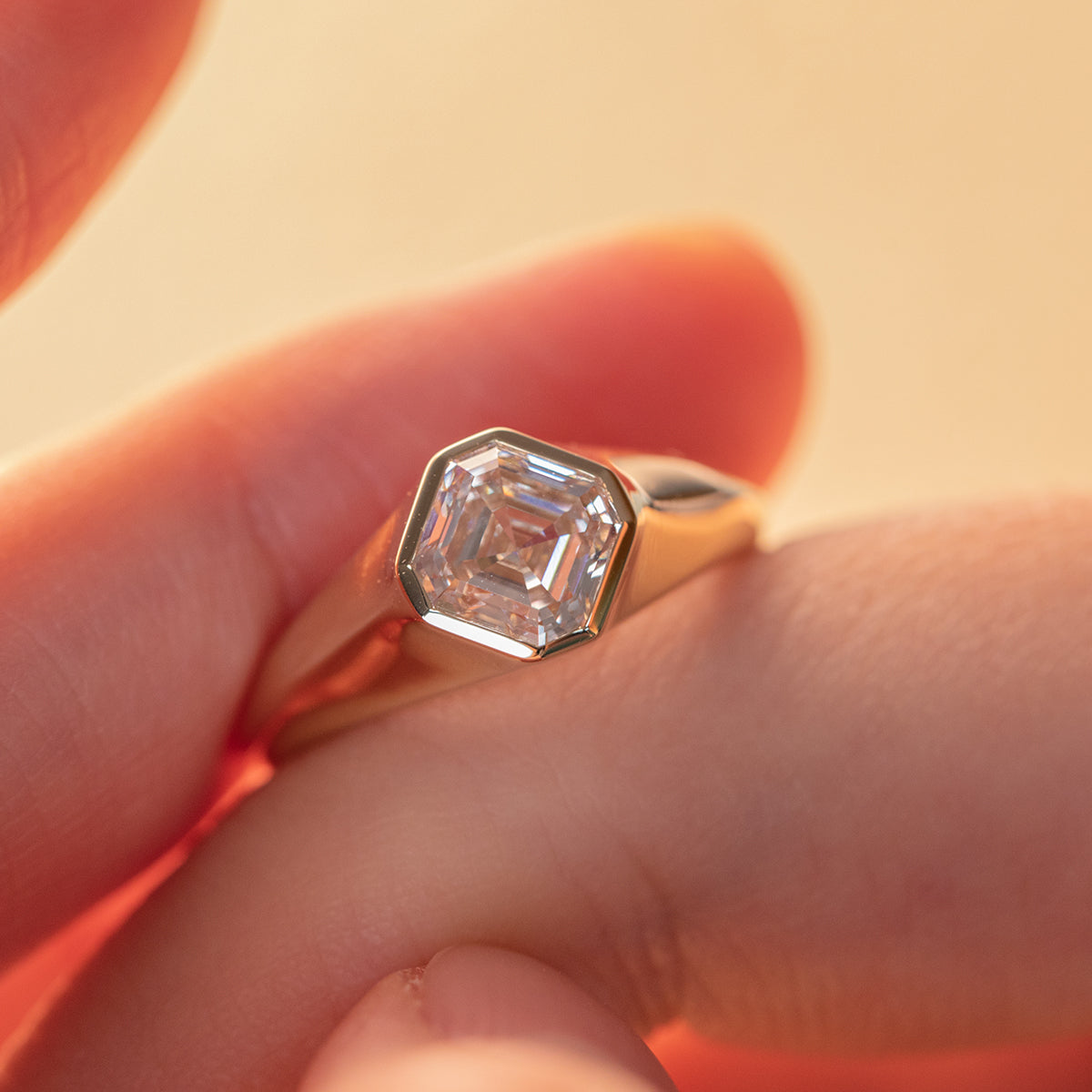 14k Yellow Gold 1.5ct Asscher Cut Lab Diamond Bezel Ring with Knife Edge Tapered Band Design 14k Yellow Gold 1.5ct Asscher Cut Lab Diamond Bezel Ring with Knife Edge Tapered Band Design