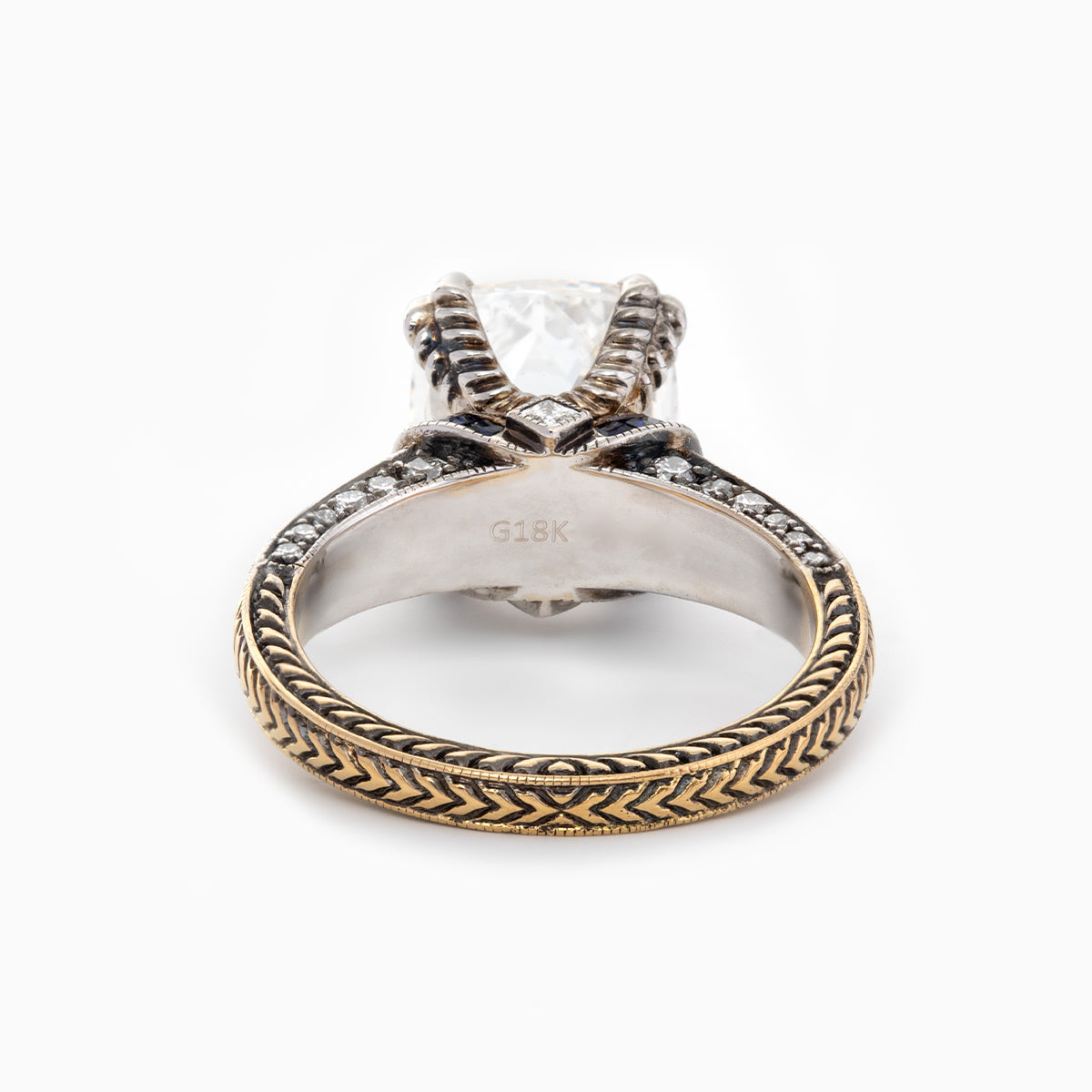 18K Gold 4.5ct Elongated Old Mine Cut Lab Diamond Antique-inspired Ring with Princess Cut Lab Sapphire & Round Cut Lab Diamond Side-stone 18K Gold 4.5ct Elongated Old Mine Cut Lab Diamond Antique-inspired Ring with Princess Cut Lab Sapphire & Round Cut Lab Diamond Side-stone