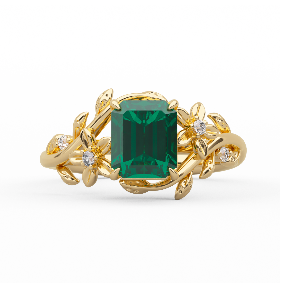 14K Yellow Gold 1ct Lab Emerald Art Nouveau Nature-Inspired Ring with Round Lab Diamond Side-stones 14K Yellow Gold 1ct Lab Emerald Art Nouveau Nature-Inspired Ring with Round Lab Diamond Side-stones