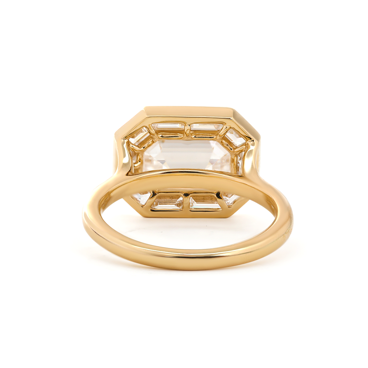 14K Yellow Gold 2.5ct Antique Emerald Cut Lab Diamond Ring with Tapered Step Cut Lab Diamond Halo 14K Yellow Gold 2.5ct Antique Emerald Cut Lab Diamond Ring with Tapered Step Cut Lab Diamond Halo