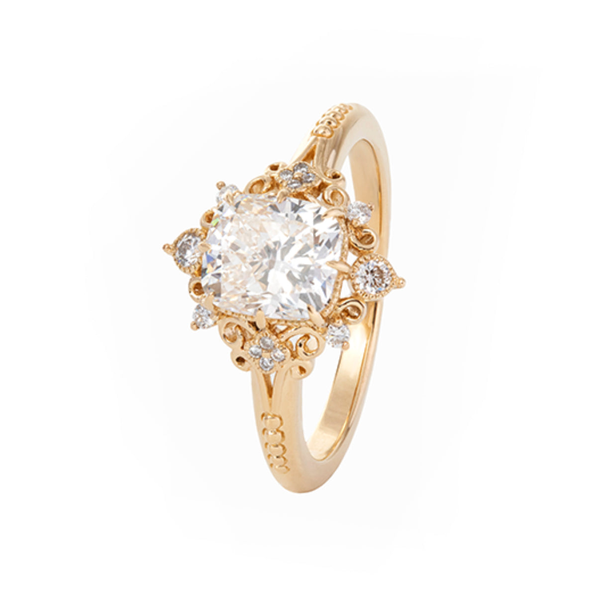 14K Yellow Gold 2.5ct Elongated Cushion Cut Lab Diamond Victoran-Style Ring with Floral Motifs 14K Yellow Gold 2.5ct Elongated Cushion Cut Lab Diamond Victoran-Style Ring with Floral Motifs