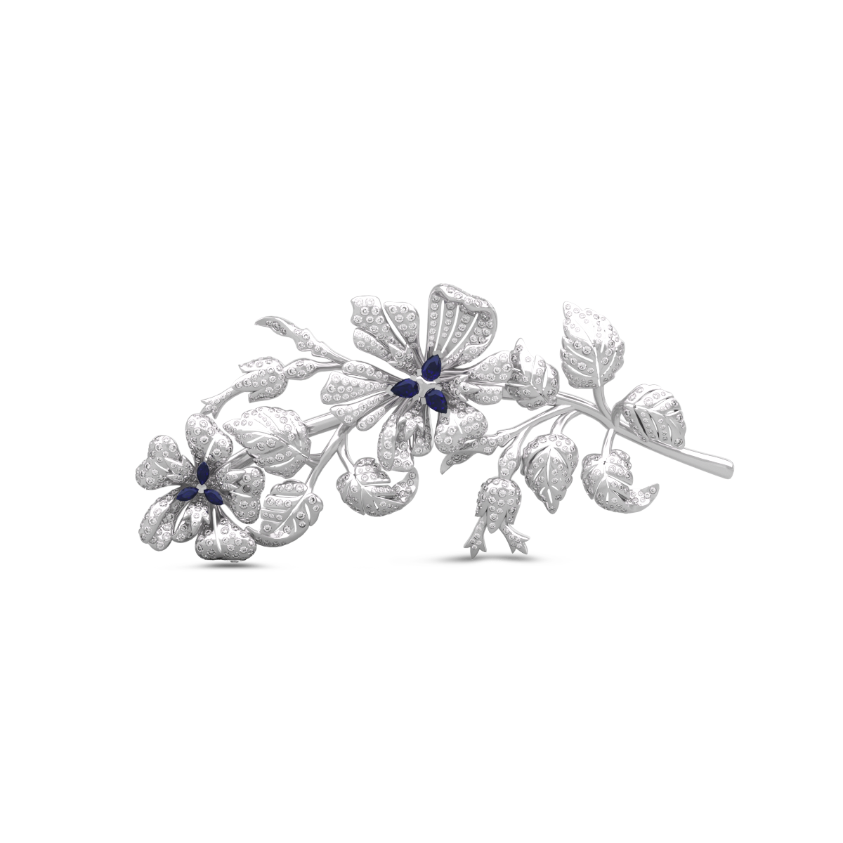 14K White Gold Pear and Maequise Lab Sapphire and Round Lab Diamond Floral Brooch 14K White Gold Pear and Maequise Lab Sapphire and Round Lab Diamond Floral Brooch