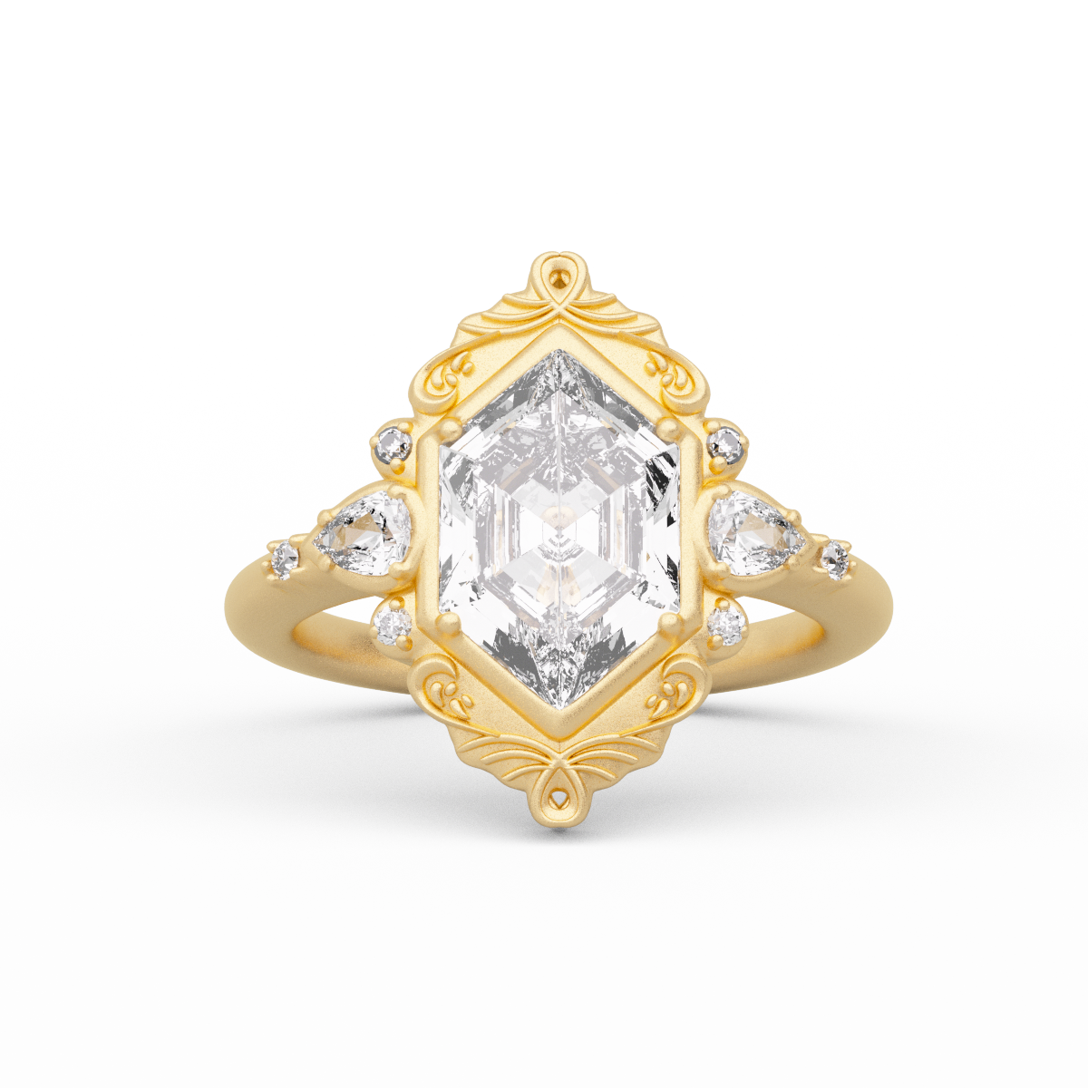 14K Yellow Gold 2ct Elongated Hexagonal Cut Lab Diamond Victoran-Style Bezel Ring with Floral Motifs 14K Yellow Gold 2ct Elongated Hexagonal Cut Lab Diamond Victoran-Style Bezel Ring with Floral Motifs