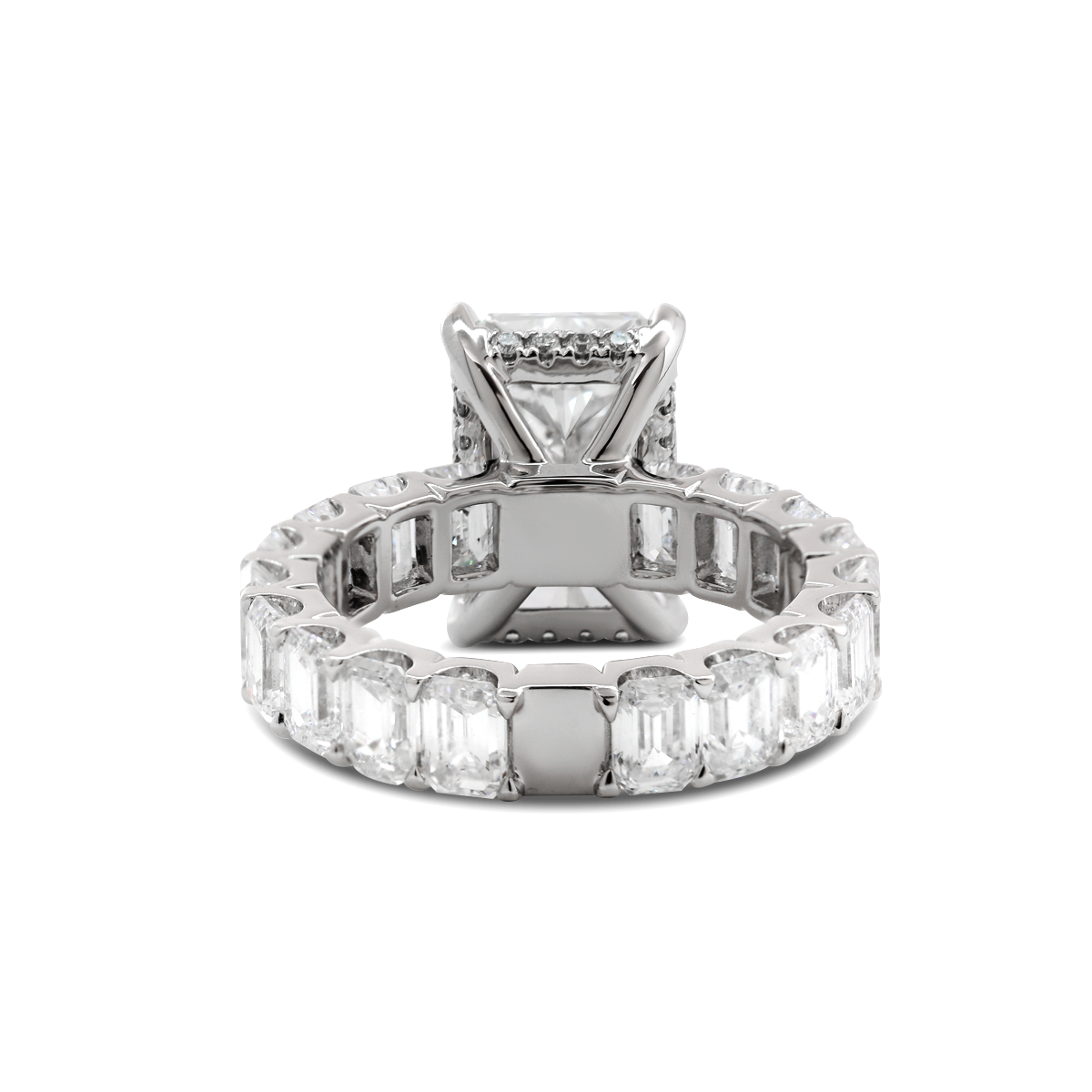 Platinum 4ct Radiant Cut Lab Diamond 4 Calw Prong Basket Ring with Round Lab Diamond Hiddden-Halo and Emerald Cut Lab Diamond Pave Platinum 4ct Radiant Cut Lab Diamond 4 Calw Prong Basket Ring with Round Lab Diamond Hiddden-Halo and Emerald Cut Lab Diamond Pave