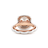 14K White and Rose Gold 2.5ct Old Mine Cut Lab Diamond Evelina Halo Edwardian Style Ring with Waverly Band and Millegrain Edging 14K White and Rose Gold 2.5ct Old Mine Cut Lab Diamond Evelina Halo Edwardian Style Ring with Waverly Band and Millegrain Edging