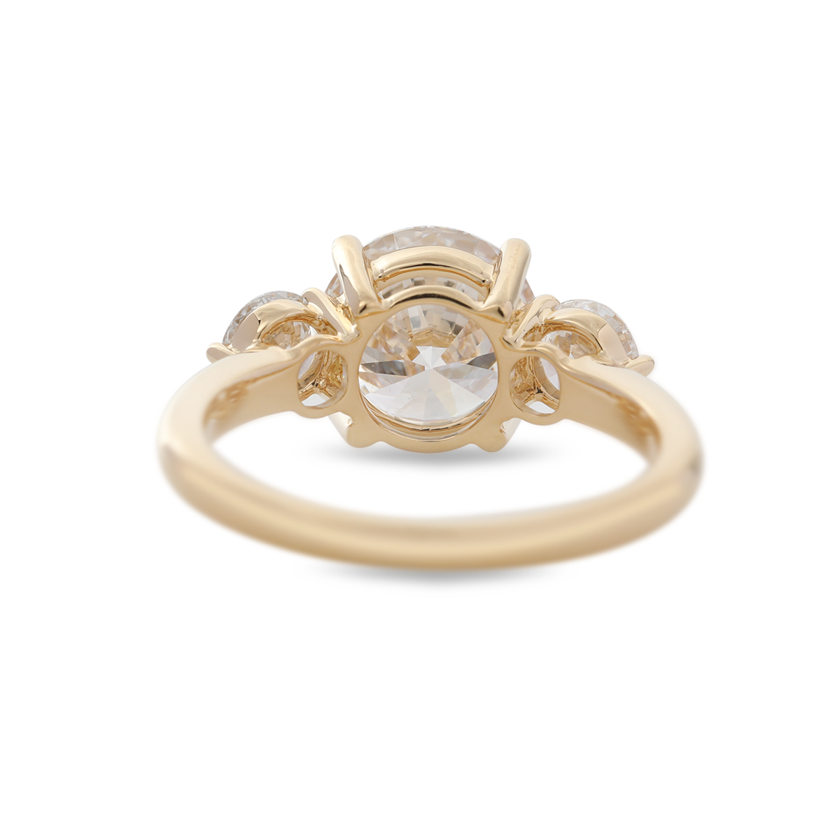 18K Yellow Gold 2.5ct Round Lab Diamond Round Prong Basket Three-stone Engagement Ring with Two Ring Enhancers in Bridal Ring Set Design 18K Yellow Gold 2.5ct Round Lab Diamond Round Prong Basket Three-stone Engagement Ring with Two Ring Enhancers in Bridal Ring Set Design