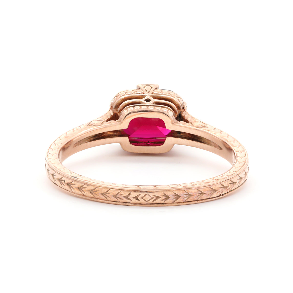 14K Rose Gold 1ct Elongated Cushion Pigeon Blood Lab Ruby Half Bezel Solitaire Ring 14K Rose Gold 1ct Elongated Cushion Pigeon Blood Lab Ruby Half Bezel Solitaire Ring