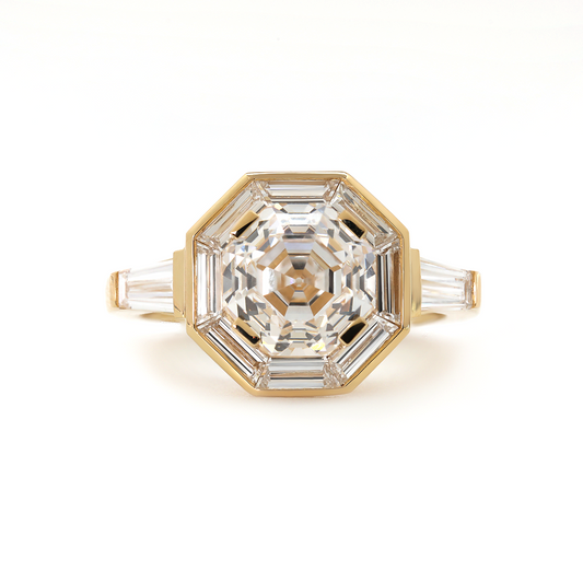 18K Yellow Gold 3ct Antique Bagua-shaped Step Cut Lab Diamond Ring with Tapered Step Cut Lab Diamond Halo and Two Tapered Baguette Cut Side-stone