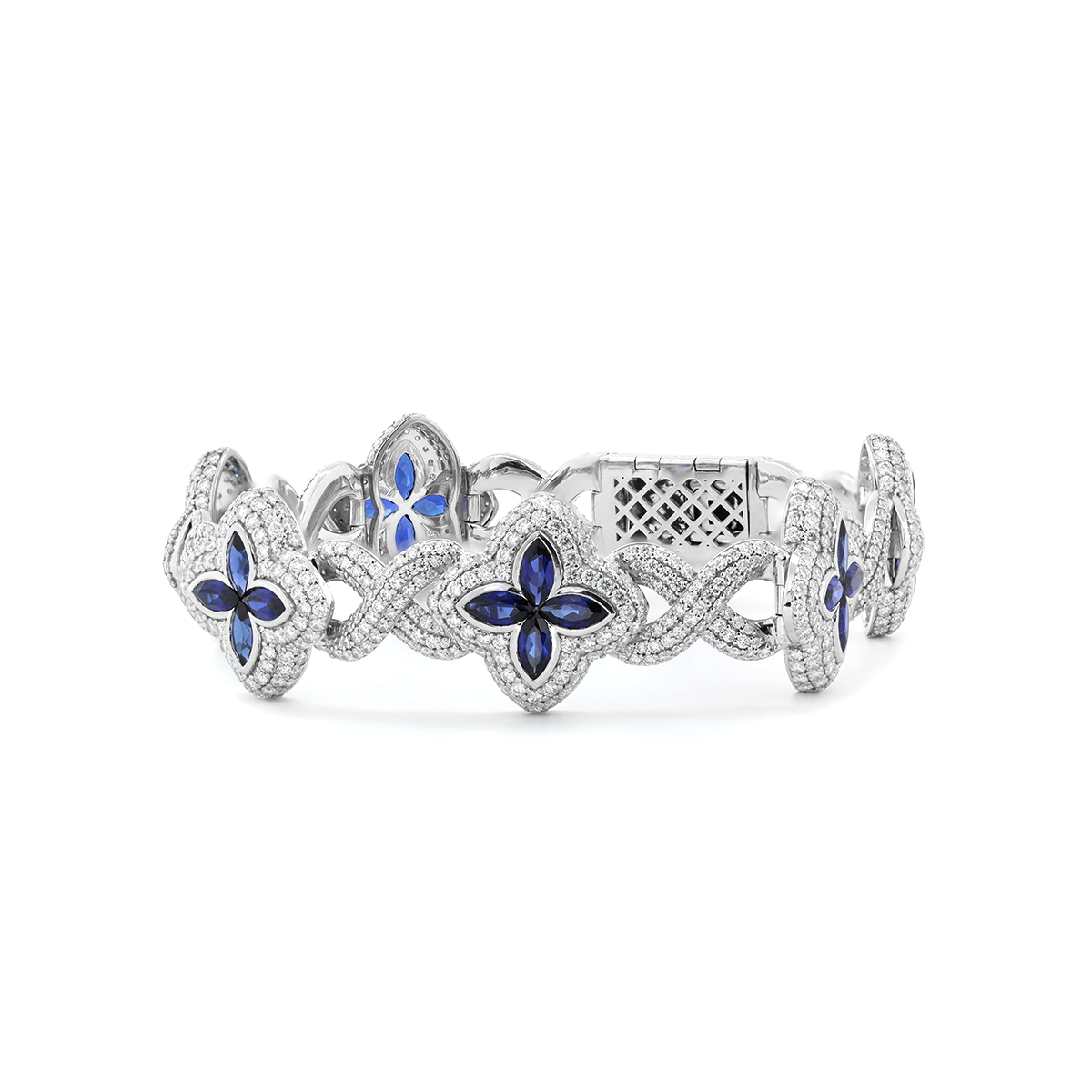 14K White Gold Round Lab Diamond Bracelet with Pear Lab Sapphire – Art Nouveau Nature-Inspired  Eternal Fleur Blue Design 14K White Gold Round Lab Diamond Bracelet with Pear Lab Sapphire – Art Nouveau Nature-Inspired  Eternal Fleur Blue Design