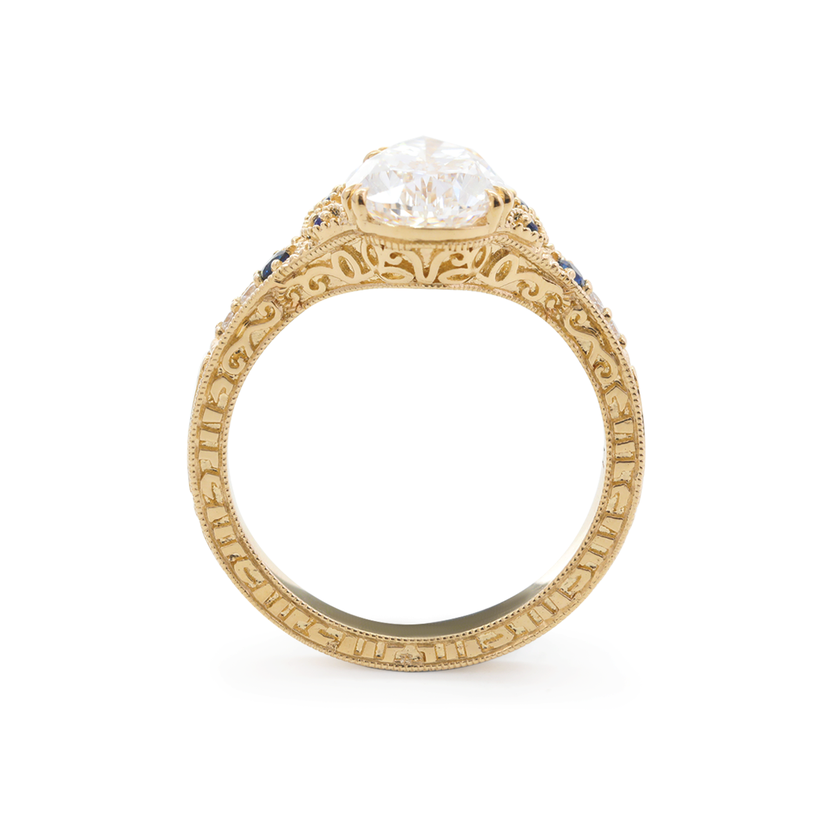 14K Yellow Gold 2.5ct Pear Lab Diamond with Round Lab Diamond and Lab Sapphire Side-stone Millegrain Floral Engraving Ring-Art Nouveau Nature-Inspired 14K Yellow Gold 2.5ct Pear Lab Diamond with Round Lab Diamond and Lab Sapphire Side-stone Millegrain Floral Engraving Ring-Art Nouveau Nature-Inspired