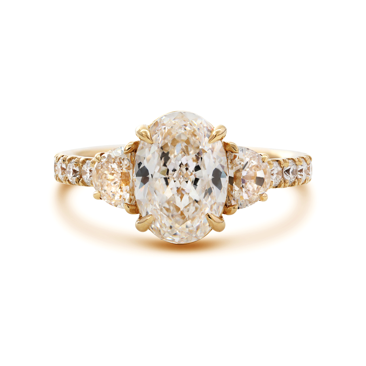14K Yellow Gold 2ct Oval Lab Diamond Vintage Ring with Half Moon and Round Lab Diamond Side-stones Pave 14K Yellow Gold 2ct Oval Lab Diamond Vintage Ring with Half Moon and Round Lab Diamond Side-stones Pave