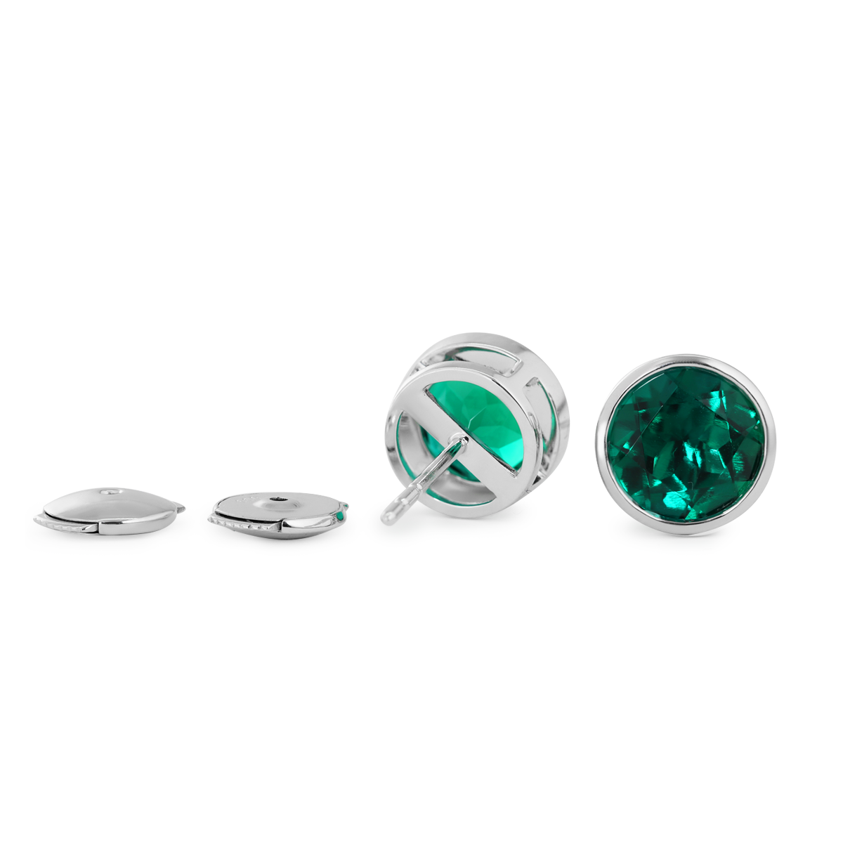 14K White Gold 3 ct tw Round Zambian Lab Emerald Bezel Stud Earrings 14K White Gold 3 ct tw Round Zambian Lab Emerald Bezel Stud Earrings