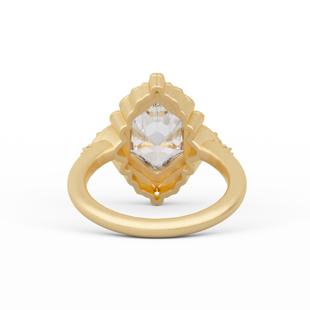 14K Yellow Gold 2ct Elongated Hexagonal Cut Lab Diamond Victoran-Style Bezel Ring with Floral Motifs 14K Yellow Gold 2ct Elongated Hexagonal Cut Lab Diamond Victoran-Style Bezel Ring with Floral Motifs