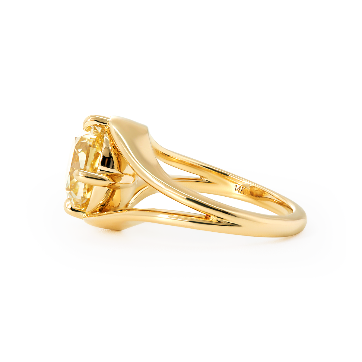 14K Yellow Gold 4ct Old Mine Cut Yellow Lab Diamond 4 Claw Prongs Solitaire Ring with Split Band Design 14K Yellow Gold 4ct Old Mine Cut Yellow Lab Diamond 4 Claw Prongs Solitaire Ring with Split Band Design
