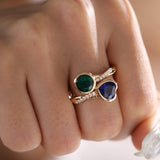 14K Yellow Gold Heart Lab Sapphire and Round Zambian Lab Emerald Toi et Moi Ring with Twist Band 14K Yellow Gold Heart Lab Sapphire and Round Zambian Lab Emerald Toi et Moi Ring with Twist Band