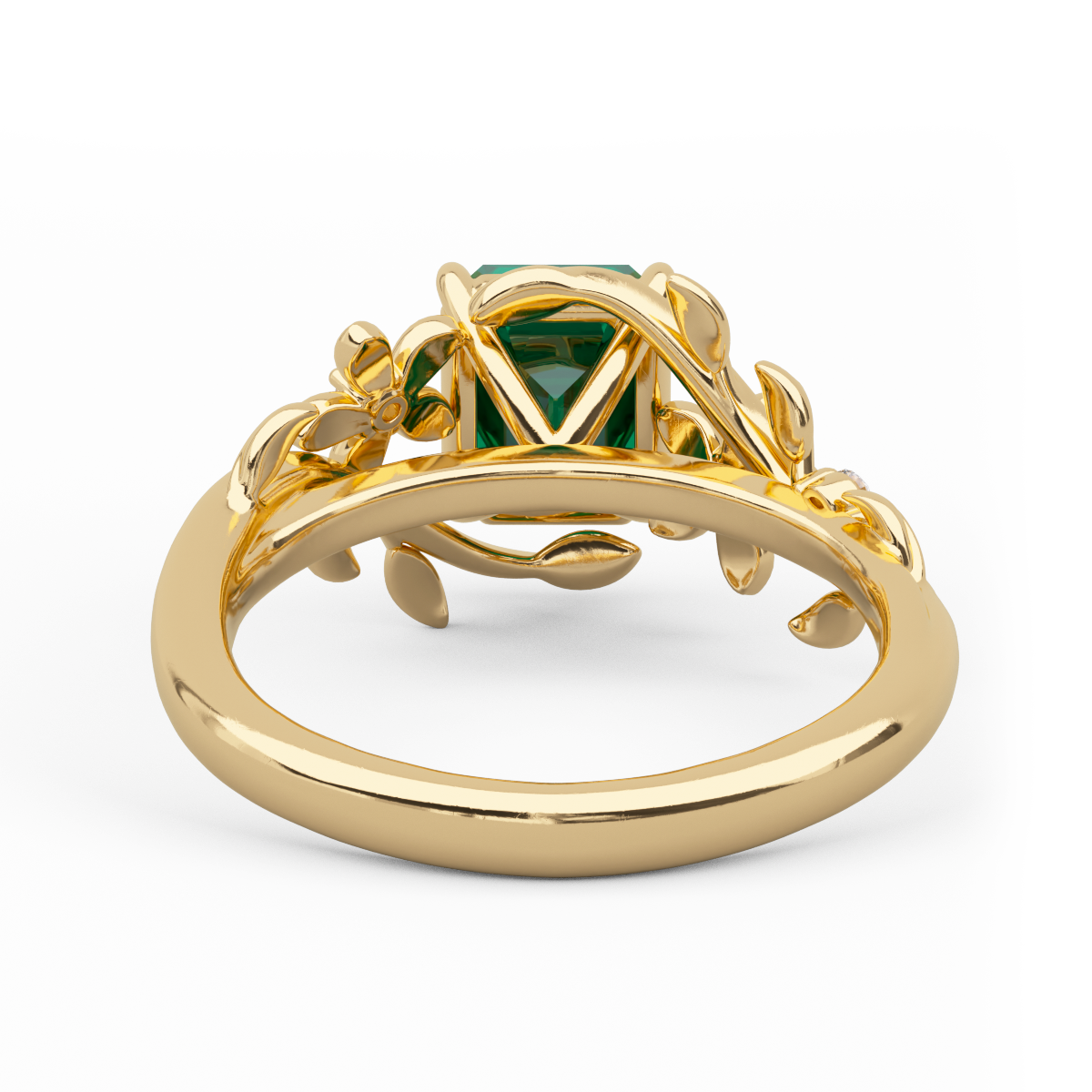 14K Yellow Gold 1ct Lab Emerald Art Nouveau Nature-Inspired Ring with Round Lab Diamond Side-stones 14K Yellow Gold 1ct Lab Emerald Art Nouveau Nature-Inspired Ring with Round Lab Diamond Side-stones