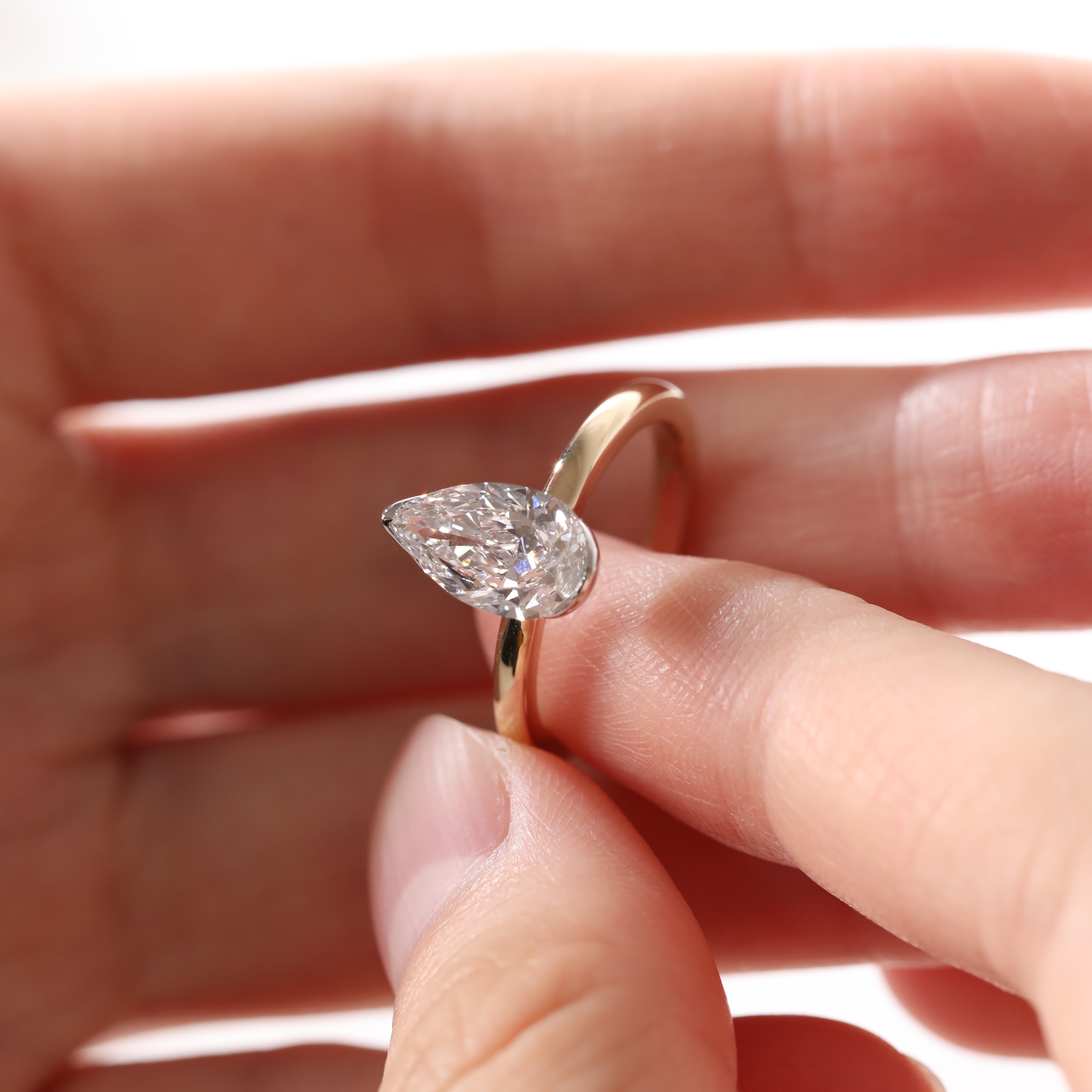14K Yellow and White Gold 2ct Pear Cut Lab Diamond Half Bezel Solitaire Ring 14K Yellow and White Gold 2ct Pear Cut Lab Diamond Half Bezel Solitaire Ring