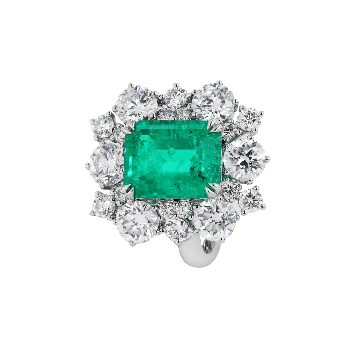 18K White Gold 3ct Colombian Lab Emerald Double Claw Prongs Halo Engagement Ring 18K White Gold 3ct Colombian Lab Emerald Double Claw Prongs Halo Engagement Ring