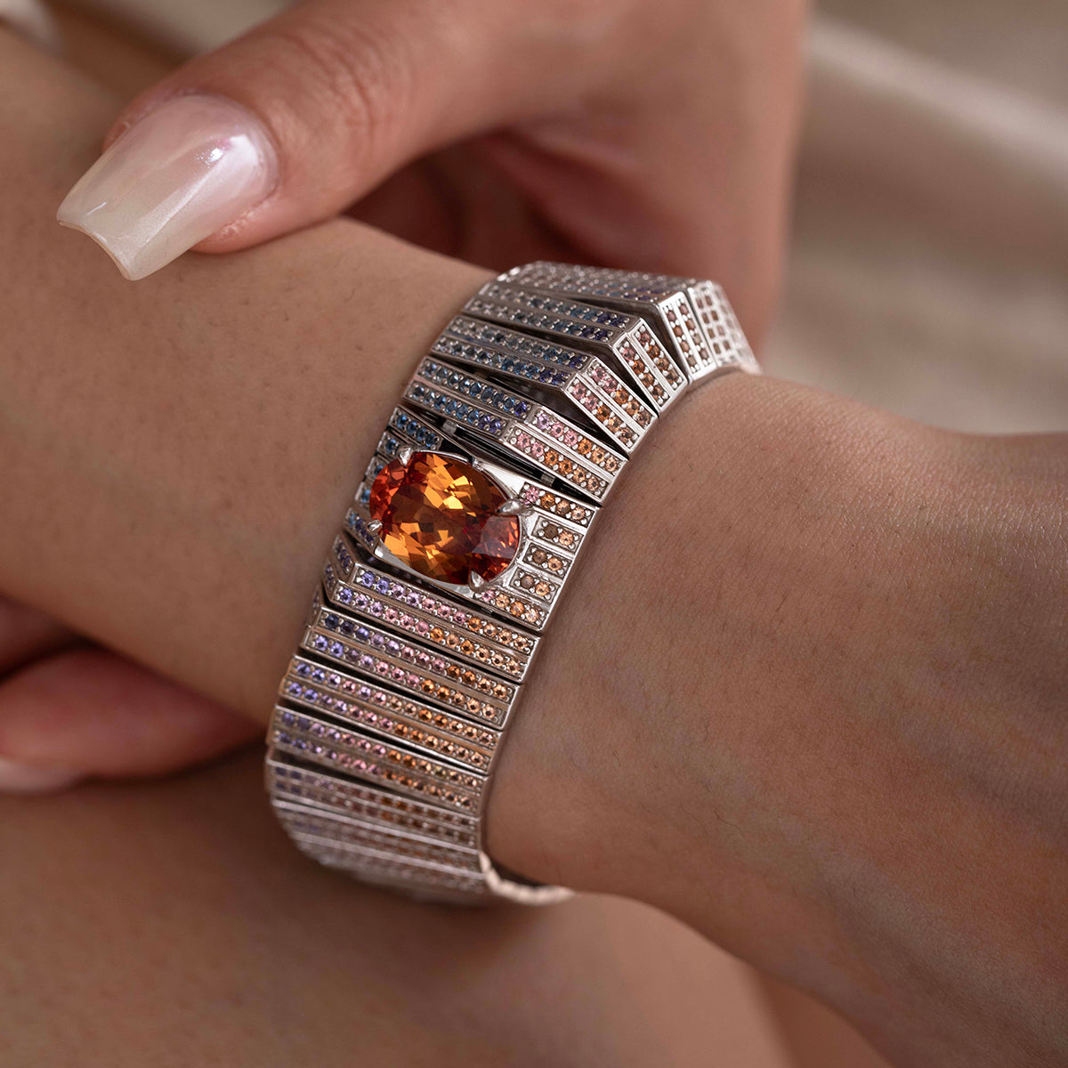 14K White Gold Colored Lab Gemstone Bracelet with 10*14mm Oval Lab Orange Sapphire 14K White Gold Colored Lab Gemstone Bracelet with 10*14mm Oval Lab Orange Sapphire