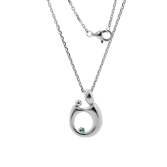 14K White Gold Mother and Child Pendant Necklace with Blue Round Lab Diamond