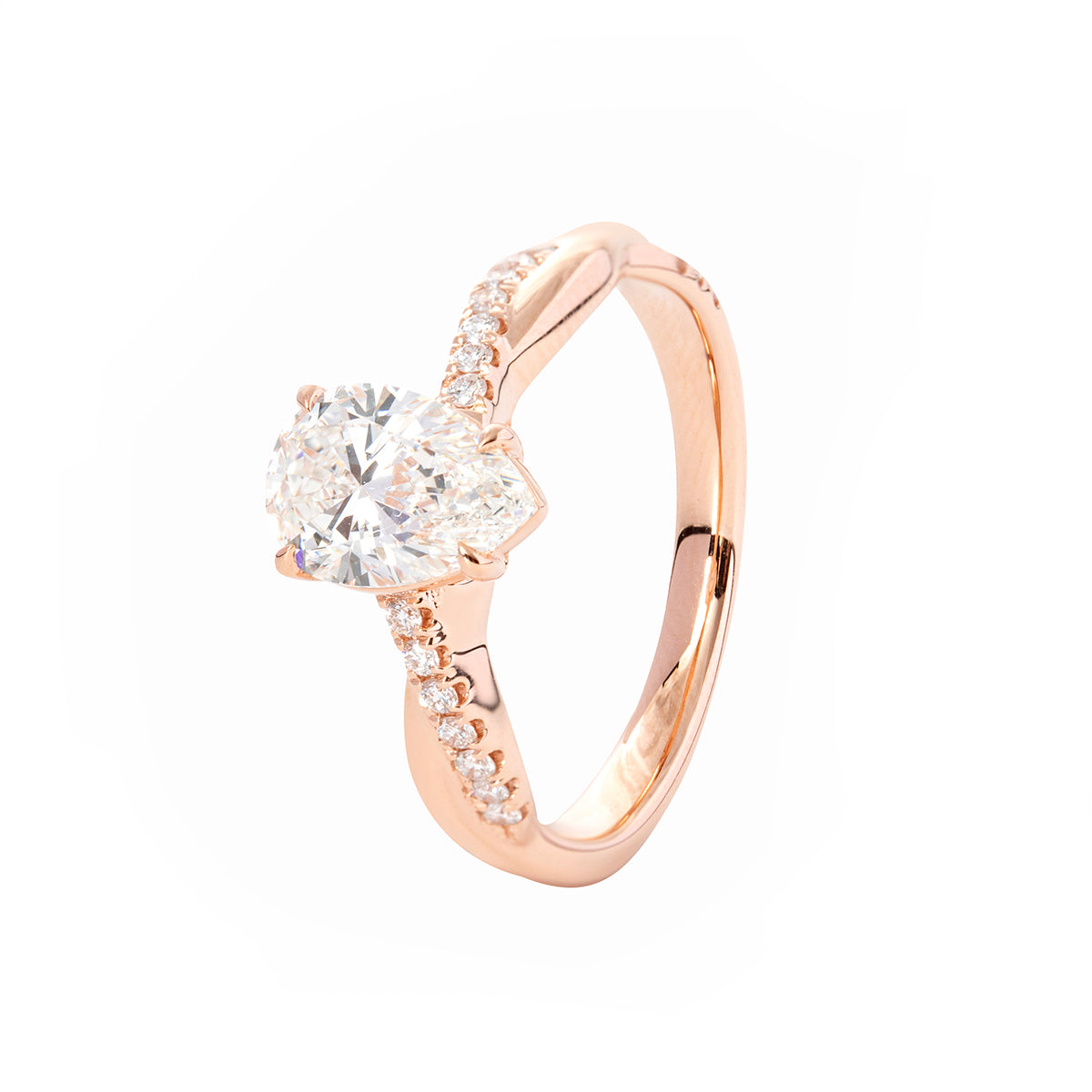 14K Rose Gold 1.5ct Pear Cut Lab Diamond Twist Pave Ring 14K Rose Gold 1.5ct Pear Cut Lab Diamond Twist Pave Ring