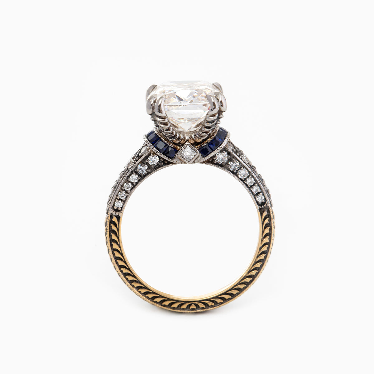 18K Gold 4.5ct Elongated Old Mine Cut Lab Diamond Antique-inspired Ring with Princess Cut Lab Sapphire & Round Cut Lab Diamond Side-stone 18K Gold 4.5ct Elongated Old Mine Cut Lab Diamond Antique-inspired Ring with Princess Cut Lab Sapphire & Round Cut Lab Diamond Side-stone