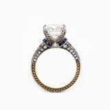 18K Gold 4.5ct Elongated Old Mine Cut Lab Diamond Antique-inspired Ring with Princess Cut Lab Sapphire & Round Cut Lab Diamond Side-stone 18K Gold 4.5ct Elongated Old Mine Cut Lab Diamond Antique-inspired Ring with Princess Cut Lab Sapphire & Round Cut Lab Diamond Side-stone