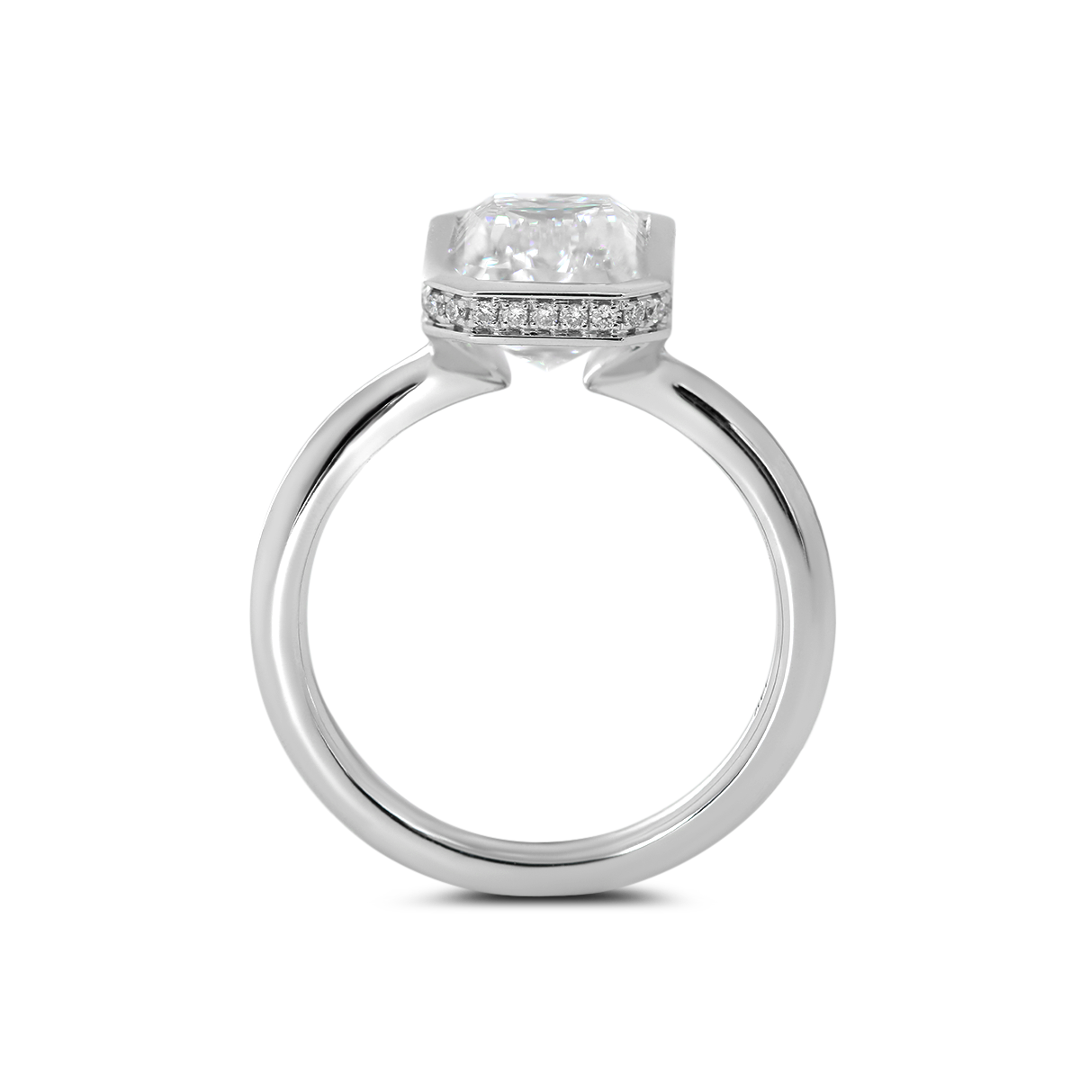 14K White Gold 3ct Criss Cut Bezel Ring with Round Lab Diamond Hidden Halo 14K White Gold 3ct Criss Cut Bezel Ring with Round Lab Diamond Hidden Halo