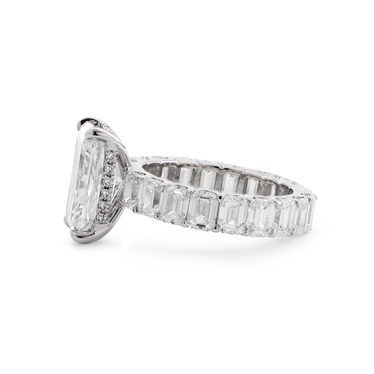 Platinum 4ct Radiant Cut Lab Diamond 4 Calw Prong Basket Ring with Round Lab Diamond Hiddden-Halo and Emerald Cut Lab Diamond Pave Platinum 4ct Radiant Cut Lab Diamond 4 Calw Prong Basket Ring with Round Lab Diamond Hiddden-Halo and Emerald Cut Lab Diamond Pave
